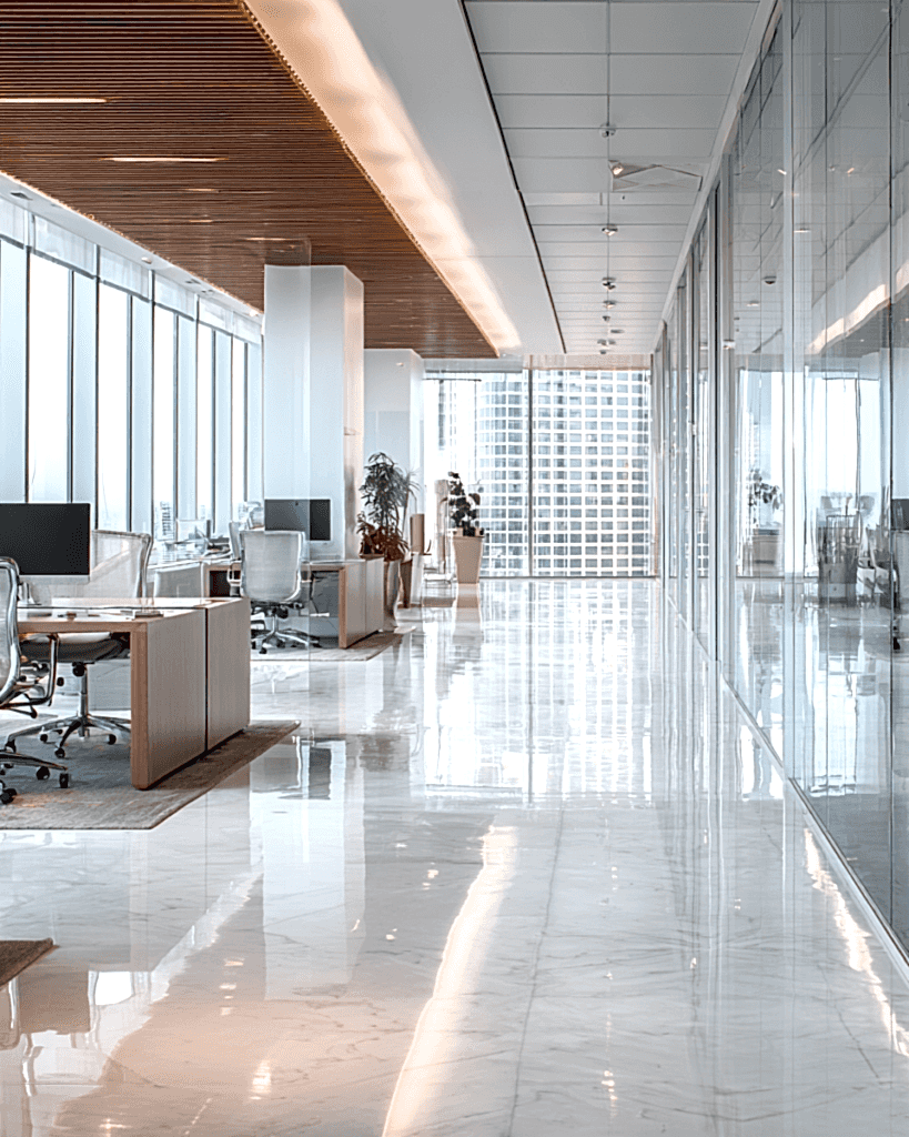 Professional office cleaning service in a modern corporate workspace in Los Angeles