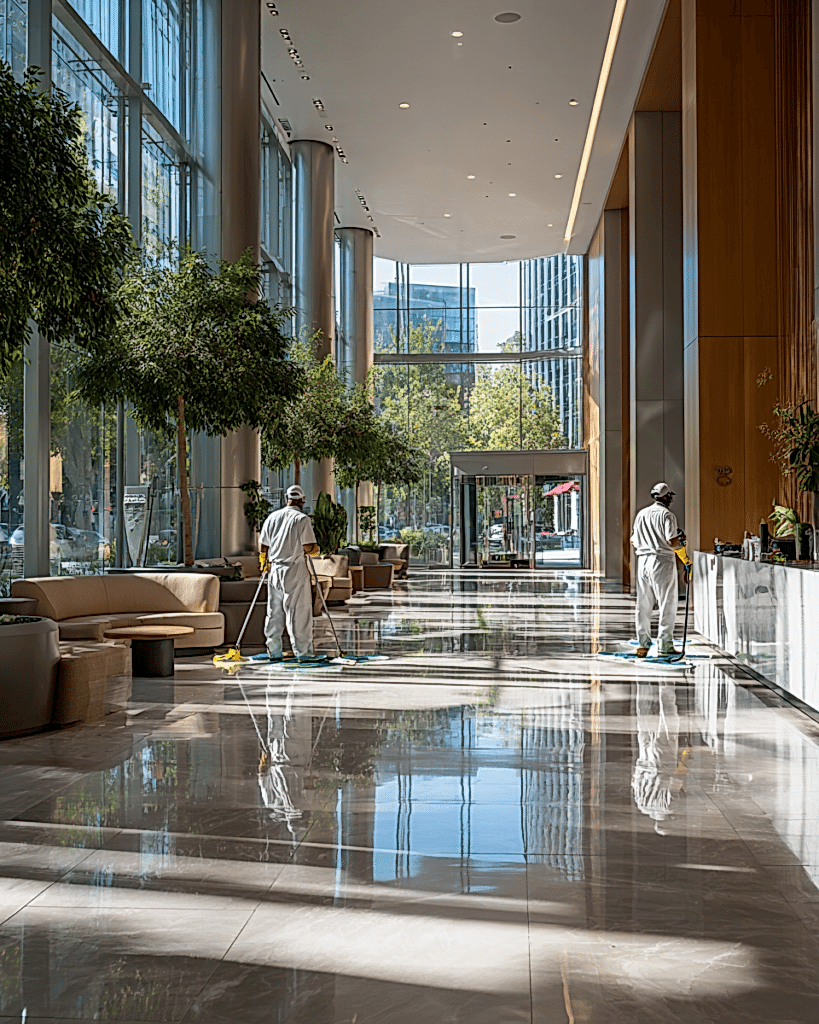 Commercial janitorial services maintaining a large office building lobby